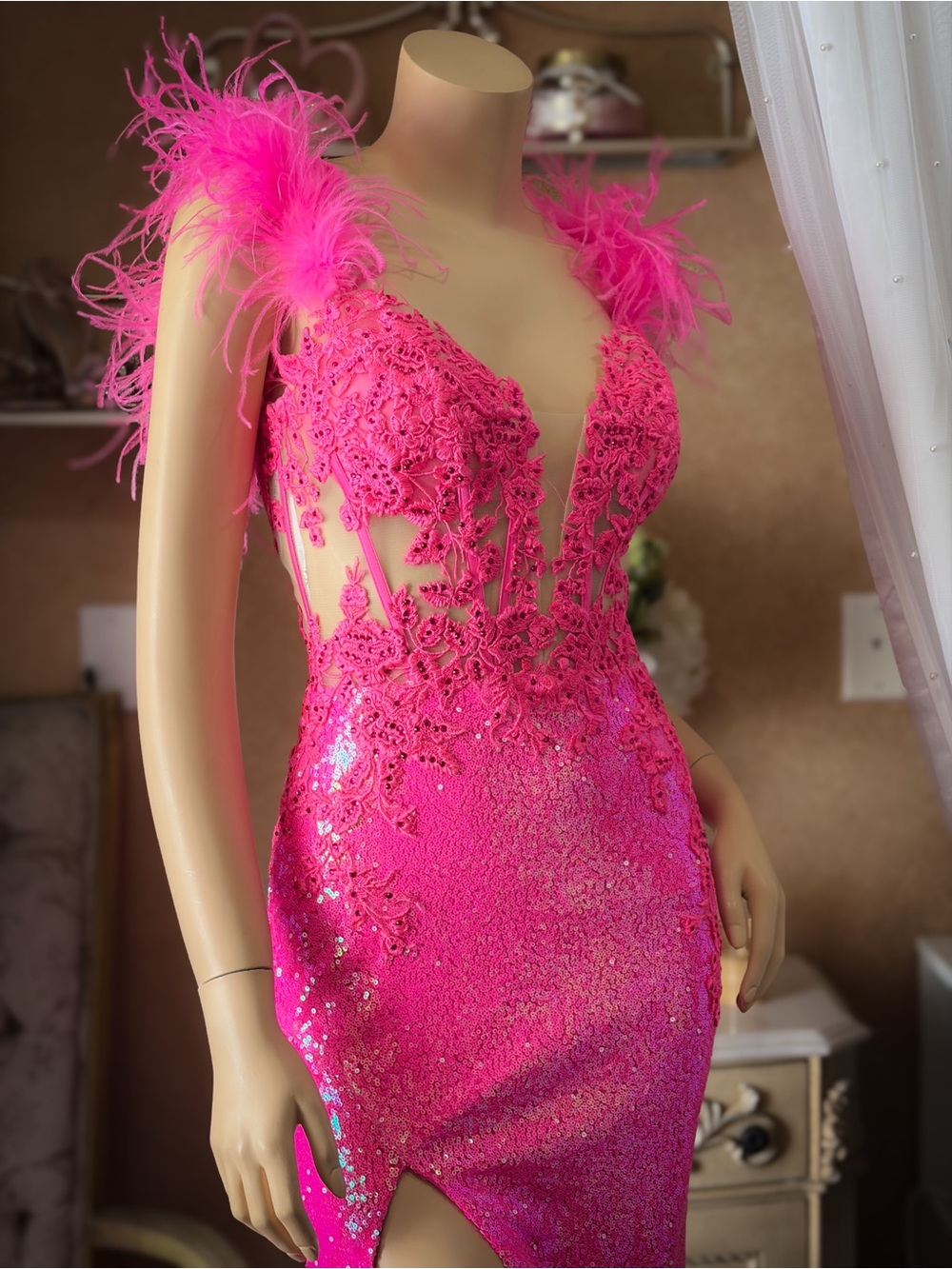 Rachel Allan Hot Pink Sequin Feather Gown Size 0 NWT